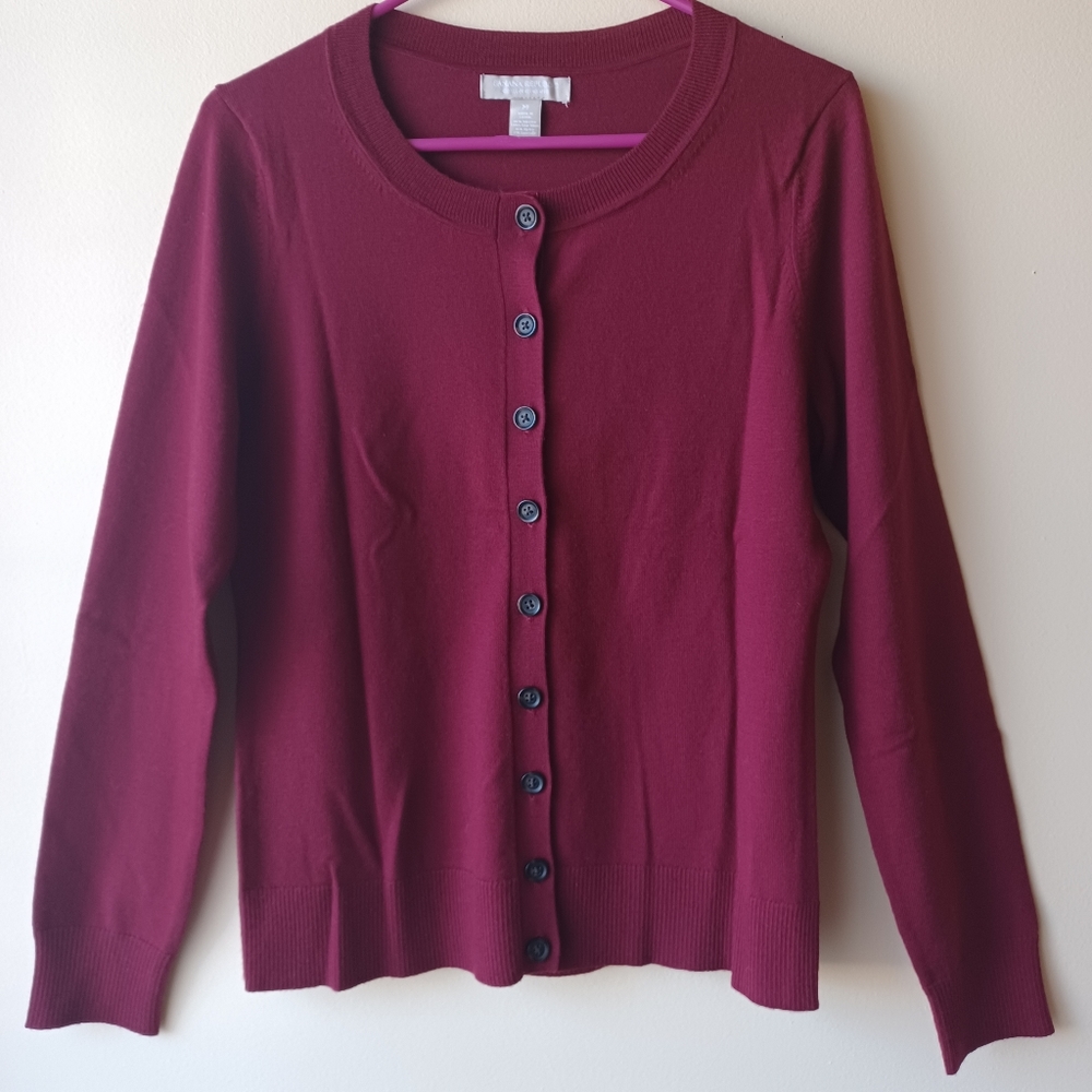 Extra Fine Merino Wool Blend Deep Red Button Down Cardigan Sweater Size M